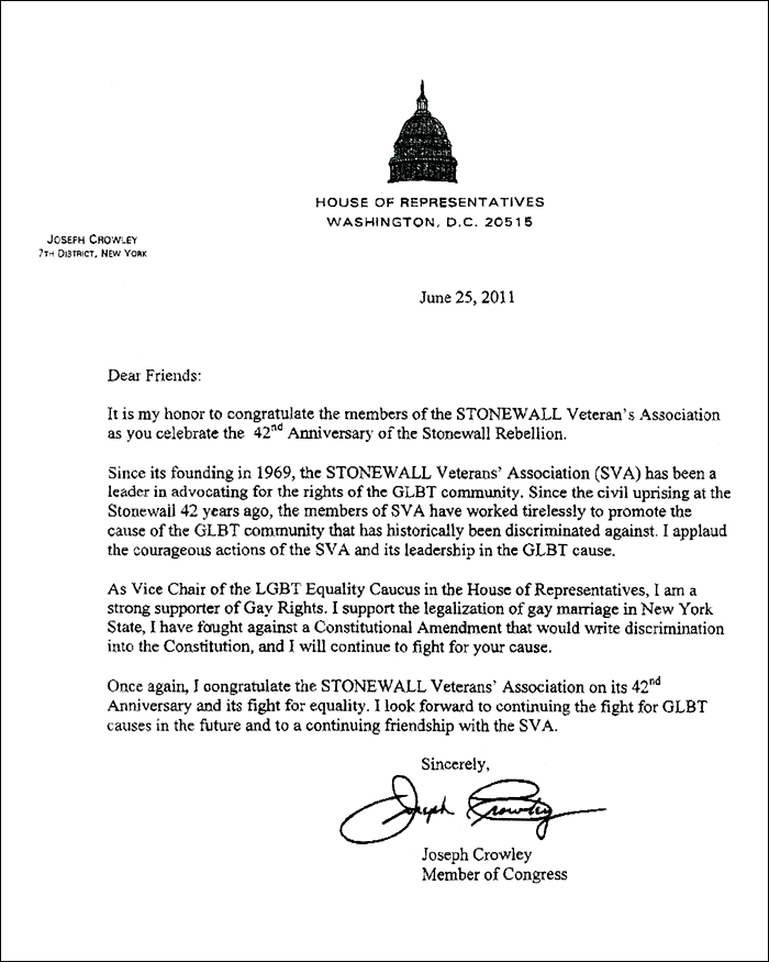2011 Congressman Joseph Crowley Letter to the SVA